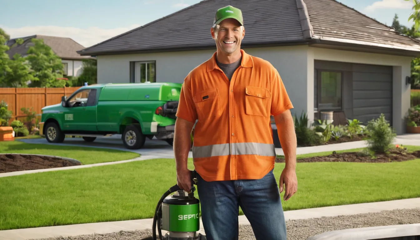 Friendly septic provider and a homeowner talking beside an open tank lid in a tidy Deltona backyard
